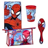 Marvel Spiderman Kulturbeutel für Jungen, Kinder-Kulturbeutel im Avengers Design, Inklusive Becher, Haarbürste, Handtuch, Geldbörse, PVC-frei