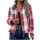 Generisch Damen Zip up Bomberjacke Casual Kariert Sweatjacke Ohne Kapuze Bequeme Karo Pilotenjacke Autumn Winter Reißverschluss Langarm Übergangsjacke für Outddor Sport Damenjacke (Hot Pink, L)