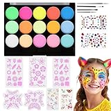 Kinderschminke Set, Theaterschminke Kinder, Bodypainting Farben Wasserbasis, 15 Farben Schminkpalette, 4 Berufs Pinsel,5 Vorlagen und 2 Diamant-Aufkleber für Halloween Karneval Schminke