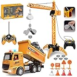 HILKKET Kran & LKW Spielzeug Set, 2.4GHz RC Ferngesteuerter Turmkran & Truck für Kinder ab 6 Jahren, 6-Kanal Elektrokran mit Hebehaken, Leuchtturm und Sound, Konstruktionsspielzeug Set