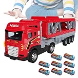 Ejection Race Track, Carrier Truck with 8 Car, Foldable Double-Layered Metal Transporter Toy, 12.4x3.82x2.76 inches, Transporter Storage Truck for Boys & Girls