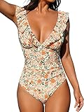 CUPSHE Damen Badeanzug Rüschen V Ausschnitt Bauchweg Raffungen Blumenmuster Einteilige Bademode Swimsuit Mehrfarbig M