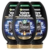 Garnier Ausgleichende Spülung, Gegen schnell fettende Kopfhaut und trockene Haarlängen, Mit reinigender Aktivkohle und Schwarzkümmelöl, Wahre Schätze, 3 x 200 ml