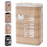 Muzilife Bambus Wäschekorb Schmal, 72L Faltbare Wäschesammler mit Deckel, Wäschebox aus Natürliche Baumwolle, Stabil Wäschetonne mit Tragegriffen, 40x30x60CM, Braun