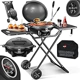 KESSER® elektrischer Elektrogrill 2in1 Tischgrill - Standgrill mit Deckel | max. 2400 Watt | Faltbar | Thermostat | Antihaftbeschichtung | Grillplatte Abstelltische | 2 Räder | inkl. Abdeckung & Zange