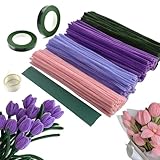 Galerie SV Tulpe Blumenstrauß Pfeifenreiniger Set, 400 Stück Pfeifenputzer zum Basteln Pfeifenreiniger Blumen Pfeifenreiniger zum Basteln mit 20 Stück Grün Basteldraht, Geschenkband, Blumenband