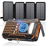 SOARAISE Wireless Solar Powerbank 27000mAh - Tragbare Solar Ladegerät mit 4 Kabel und 4 Solarpanels - 15W Schnellladung Externer Akku Power Bank mit LED Taschenlampe für Outdoor Camping (Orange)