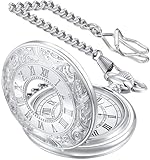 YUYWWAN Taschenuhr mit Kette Herren, Vintage Taschenuhren, Römische Ziffern Pocket Watch, Klassische Taschenuhr mit Taillenkette, Analog Taschen Uhr Vintage für Frauen Männer (Silber)