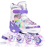 SULIFEEL Rainbow Unicorn Verstellbare Schwarz Rollschuhe für Kinder mit Leuchtenden Rädern für Jungen