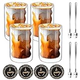 Mkitnvy 4er Set Doppelwandige GläSer mit 4 Löffeln und 4 Untersetzern, 350ML ThermogläSer Doppelwandig aus Borosilikatglas für Latte,Tee,EIS,Eistee,Iced Americano (4pcs)