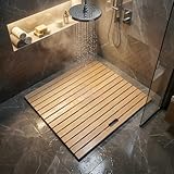 Duschmatte aus Holz, robuste, rutschfeste Bambus-Badematte mit schnelltrocknender Oberfläche, wasserdichte Badezimmermatte for den Innen(Light Brown,70x80cm)