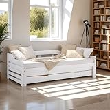 Homestyle4u Tagesbett ausziehbar Holzbett 90x200 mit Lattenrost 2 Matratzen Ausziehbett gleiche Höhe Stauraum Bettkasten