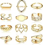 LOLIAS 12 Stück Verstellbare Chunky Ringe für Damen Herren Vergoldet silbert Croissant Geflochten Knöchel Ringe Twisted Stacking Runde Siegelringe Offene Daumen Hochzeit Versprechen Ringe