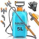 MASKO® Drucksprüher säurebeständiges Drucksprühgerät 5L Füllinhalt mit verstellbaren Düsen & 1,3m Schlauch | Sprühgerät für Pflanzenschutz, Garten & Auto | Pumpsprühflasche inkl Tragegurt & Handschuhe