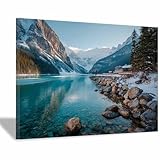 CUDAOO Leinwandbilder Berge Landschaft Natur,Moderne Panorama Bilder Verschneiter Bergsee für Wohnzimmer Schlafzimmer Galerie(Tintengrün.)-70x100cm Gerahmt
