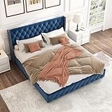 Crlnaup Polsterbett 160 * 200cm mit Lattenrost und Kopfteil, Knopfpolsterung, Nietenpolsterung, Holzbeine, Samt, Blau