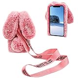 DasKAn für iPhone 14 6,1' 3D Hasenohren Plüsch Hülle mit Abnehmbar Umhängeband, Frauen Winter Warm Handmade Glänzend Diamant Weich Kaninchen Flauschig Fell Stoßfest Schutzhülle, Pink