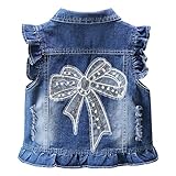 SXSHUN Weste Mädchen Jeansweste Kinder Jeans Jacke mit Erdbeer Muster Denim Jacket mit Krone Outdoor Kinderjacke Ärmellose Mantel Frühling und Herbst, Blau+Schmetterling, 116