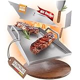 Waldmeister® BruzzPlate - Plancha Grillplatte 40x30cm [mit Griffen, praktischem Deckel, 2 Grillspachteln], Feuerplatte Edelstahl für Gasgrill & Holzkohlegrill - perfektes Grillzubehör
