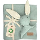 DIKOS® Original Babydecke SCHMUSE-HASE Mint | GOTS Bio Baumwolle Neugeborenen Decke Strickdecke mit Kuscheltier für Mädchen/Jungen | Kuscheldecke Schmusedecke Baby Erstausstattung Geschenk zur Geburt