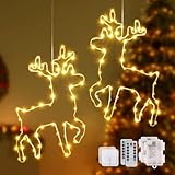 120 LED Weihnachtsdeko Fenster, 8 Modi Warmweiß Weihnachtsbeleuchtung mit Fernbedienung und Timer, Batteriebetriebene Rentier Fenster Lichterkette für Fenster Beleuchtung Deko Hängen (2 Stück)