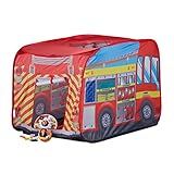 Relaxdays 10022459 Spielzelt Feuerwehr, Pop up Kinderzelt mit Automotiv, für Drinnen und Draußen, 70x110x70 cm, ab 3 Jahre, rot