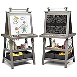 COSTWAY 3 in 1 Kinder Staffelei, Kindertafel doppelseitig, Whiteboard & Kreidetafel & Zeichenpapier, Standtafel inkl. Magneten, 2 Regalebenen Holztafel mit 2 Aufbewahrungsboxen (Grau)