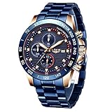 LIGE Herren Uhren Wasserdichter Sport Chronograph Analoge Quarzuhr Edelstahl Business Armband Armbanduhr Blau Herrenuhr