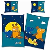 BERONAGE Die Sendung mit der Maus Kinder-Bettwäsche Night Blau 135 x 200 + 80 x 80 100% Baumwolle Renforcé-Linon-Qualität Sterne Ente Elefant Mond Wende-Bettwäsche mit Reißverschluss deutsche Größe