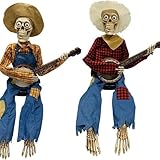 Halloween-Banjo-Spiel-Skelett-Ornamente, 40 cm, Cowboy-Totenkopf-Statue, leuchtende Augapfel-Simulation, lustiges gruseliges Skelett, das Banjo spielt, Land-Skelett-Musiker, Statuen für
