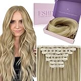 Fshine Clip in Extensions Echthaar, Aschblond Hervorgehobenes Goldblond 120g Echthaar Extensions Clip 35cm 7 Stücke Voller Kopf Haar Extension Clip Farbe 16P22