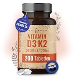 Vitamin D3 K2 Tabletten -200 Tabletten - Vitamin D Hochdosiert 20000 IE + 200µg Vitamin K2-Mk7 - D3 K2 Depot - Vegetarisch - Vitamin D3 K2 Hochdosiert