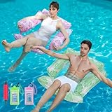 Aufblasbarer Pool-Schwimmstuhl 4-in-1, Blattmuster Luftmatratze Wasserhängematte für Erwachsene bis 100kg mit Wasserfeste Handyhülle (1* Rosa + 1* Grün)