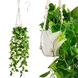 PASCH® Efeu Künstlich im Topf (Keramik) mit handgewebter Makramee Blumenampel | Hängepflanze künstlich | Kunstpflanze hängend | Künstliche Hängepflanzen | Kunst Efeu zum Aufhängen