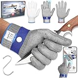 AmzFirst Schnittschutzhandschuhe küche, Leistungsfähiger Level 9 Schutz, Touchscreen Edelstahl Draht Metall Mesh Arbeitshandschuhe, Kettenhandschuh, Mandolinen Handschuhe, 1 Stück, größe 9/L