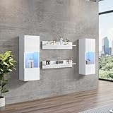 Merax Wohnwand 4-Teilig Set, Wohnwand Komplett-Set in Weiß Hochglanz, LED-Wandschrank und 2 Regale, Vitrinen aus gehärtetem Glas, Moderne Anbauwand Schrankwand mit viel Stauraum für Ihr Wohnzimmer