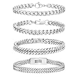 Esmoly Armband Herren Bracelet Silber Armband - 4 Stücke Silber Gold Schwarz Edelstahl Armbänder Kubanische Armband 19cm/21cm/23cm Länge Abschluss Geburtstags Geschenke für Männer (Silber 23cm)