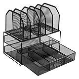 Amazon Basics Schreibtisch-Organizer aus Metallgeflecht, mit Schublade, doppelter Ablage und 5 senkrechten Bereichen, schwarz