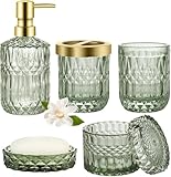 Grünes Badezimmer-Zubehör-Set, 5-teiliges Glas-Badezimmer-Dekor, Diamant-Seifenspender, Seifenschale, Zahnbürstenhalter, Badezimmer-Becher, Wattestäbchen-Gläser, modernes Kristall-Vintage-Geschenk