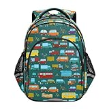 CHIFIGNO Schulrucksack, Büchertasche für Mädchen und Jungen, lässiger Tagesrucksack mit reflektierenden Streifen, niedliche Fahrzeuge, LKW, dunkelgrün, süße Fahrzeuge, LKW, dunkelgrün, mittelgroß