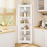 COSTWAY Küchenschrank schmal, Eckschrank mit 4 Glastüren und 6 Ablagen, 171 cm hoch, dreieckiger Buffetschrank, freistehender Mehrzweckschrank Hochschrank, für Küche Esszimmer Wohnzimmer, Weiß