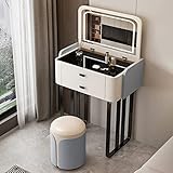 Beleuchtetes Make-up-Kosmetik-Set mit Klappspiegel, Polsterhocker, schwarze Tischplatte aus gehärtetem Glas, DualUse Schminktisch für Schlafzimmer, 2 Schubladen, stilvoll und funktional