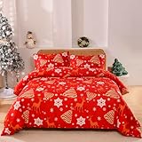Boqingzhu Weihnachts Bettwäsche 135x200cm Rot Weiß Gold Rentier Schneeflocke Tannenbaum Weihnachten Bettwäsche Set Microfaser Bettbezug 135x200cm und Kissenbezug 80x80cm mit Reißverschluss