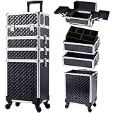 Kosmetikkoffer Trolley 4-in-1 Kosmetikkoffer Groß Kosmetik Trolley Make up Koffer Schminkkoffer mit Rollen Friseurkoffer Alu Beauty Case Nagelkoffer Multikoffer, Schwarz