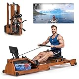 Wenoker Rudergerät Wasser für Zuhause aus Massivholz, Rudergerät klappbar mit Bluetooth Display, Hochwertige Holzkonstruktion, Doppel-Slide-Rails, Max 150kg Belastbar