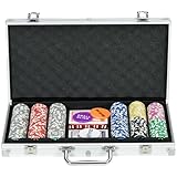 SPORTNOW Pokerkoffer Set, 300 Pokerchips 11,5 Gramm, Pokerset mit Schloss, 2 Pokerdecks, 5 Würfel, 1 Dealer Button, 1 Small Blind,1 Big Blind, Silber