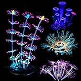 Cayway 4 Stück Künstliche Aquarium Pflanzen, Aquarium Pflanzen Künstlich Glühen mit Simulation Silikonkoralle, Künstliche Hornkoralle, Künstliche Seeanemone für Aquarium, Aquarium Landschaft