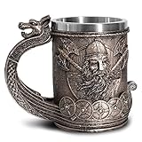OTARTUDE Nordisches Wikingerschiff Draon Drakkar Bierkrug Edelstahleinsatz, bronzefarbene Wikingerkrieger Kaffeetasse Stein für Sammlergeschenk 550 ml