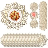 Bosreroy 24-teiliges rundes goldenes Tischset-Set, 12 Platzteller mit Blumenmuster und 12 Untersetzern, wiederverwendbar, hitzebeständige Essdekoration, ideal für Bankette und Veranstaltungen
