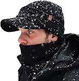 TOP-EX DryKnit™ 50% Merinowolle Wintermütze Strick Mütze und Schal im Set Herren Damen, Warm Beanie Mütze mit Schirm, Wasserdichtem Fleecefutter und Fleece-Halswärmer für Running Hiking, Schwarz M/L